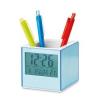 Kocka alakú asztali tolltartó hőmérővel és fényképtartóval, kék